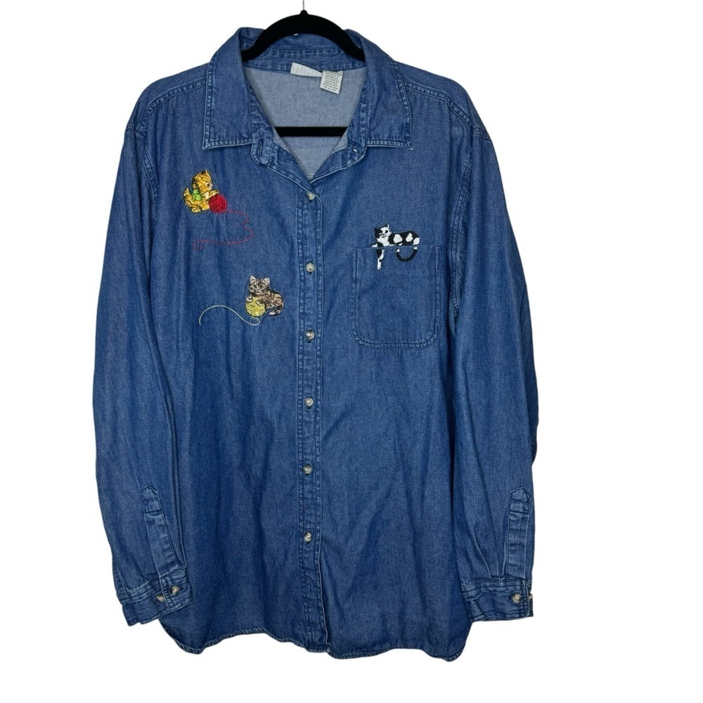 Cabin Creek Embroidered Cat Denim Long Sleeve Button Down Shirt 22W